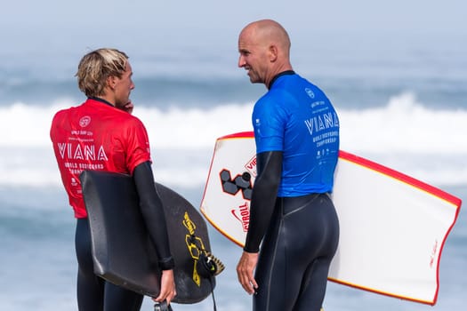 VIANA DO CASTELO, PORTUGAL - SEPTEMBER 22, 2016: Mike Stewart (HAW) with Tanner McDaniel (HAW) during  the Viana World Bodyboard Championship 2016.