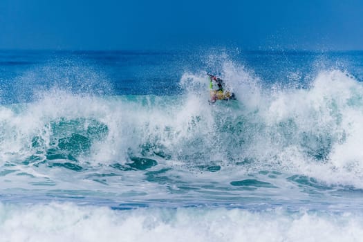 VIANA DO CASTELO, PORTUGAL - SEPTEMBER 22, 2016: Alex Uranga (EUS) during  the Viana World Bodyboard Championship 2016.
