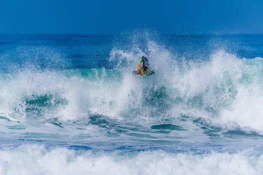 VIANA DO CASTELO, PORTUGAL - SEPTEMBER 22, 2016: Alex Uranga (EUS) during  the Viana World Bodyboard Championship 2016.