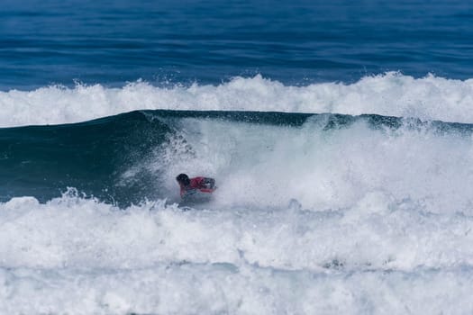 VIANA DO CASTELO, PORTUGAL - SEPTEMBER 22, 2016: Mathias Dias (CHI) during  the Viana World Bodyboard Championship 2016.