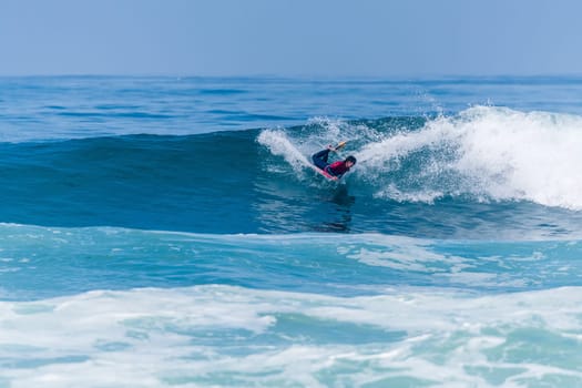 VIANA DO CASTELO, PORTUGAL - SEPTEMBER 22, 2016: Mathias Dias (CHI) during  the Viana World Bodyboard Championship 2016.