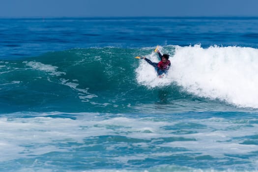 VIANA DO CASTELO, PORTUGAL - SEPTEMBER 22, 2016: Mathias Dias (CHI) during  the Viana World Bodyboard Championship 2016.