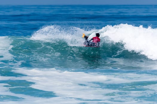 VIANA DO CASTELO, PORTUGAL - SEPTEMBER 22, 2016: Mathias Dias (CHI) during  the Viana World Bodyboard Championship 2016.