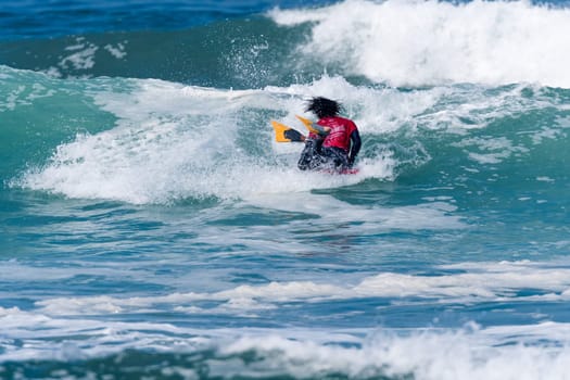 VIANA DO CASTELO, PORTUGAL - SEPTEMBER 22, 2016: Mathias Dias (CHI) during  the Viana World Bodyboard Championship 2016.