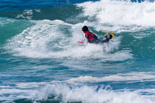 VIANA DO CASTELO, PORTUGAL - SEPTEMBER 22, 2016: Mathias Dias (CHI) during  the Viana World Bodyboard Championship 2016.