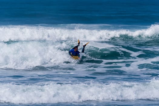 VIANA DO CASTELO, PORTUGAL - SEPTEMBER 22, 2016: Goncalo Pinheiro (POR) during  the Viana World Bodyboard Championship 2016.