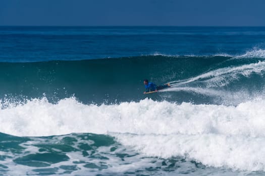 VIANA DO CASTELO, PORTUGAL - SEPTEMBER 22, 2016: Goncalo Pinheiro (POR) during  the Viana World Bodyboard Championship 2016.