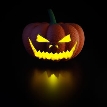 3d render pumpkin lamp on black surface with light and shadow details.