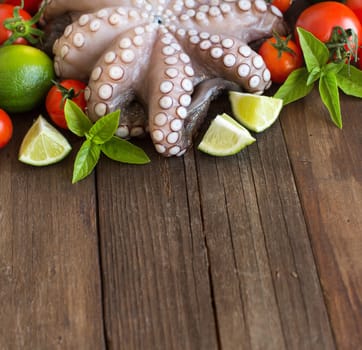 Raw octopus with lime, tomatoes and herbs over wooden background