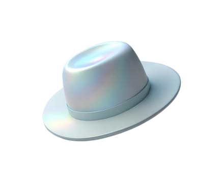 A modern, holographic 3D icon of a hat with a sleek, glossy finish, isolated on white background. The design features soft pastel hues with a futuristic touch, perfect for fashion, accessories, and lifestyle themes.