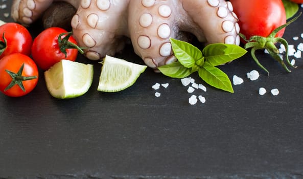 Raw octopus with lime, tomatoes and basil over dark background
