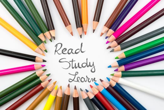 Colouring pencils in circle arrangement with message Read, Study, Learn, education concept