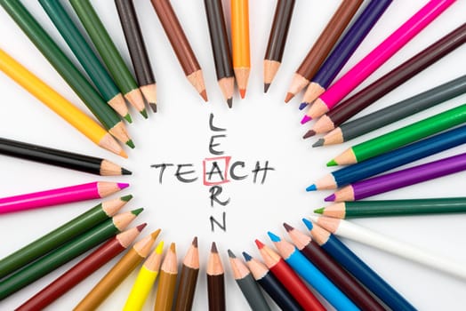Colouring pencils in circle arrangement with message Teach Learn, education concept