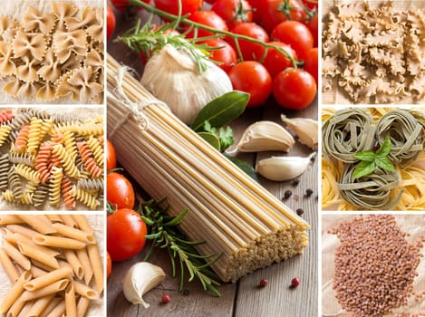 Collage of whole wheat italian pasta with garlic and herbs on wood