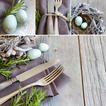 Collage with Easter table setting with eggs and rosemary