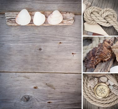 Message from the trip collage with rope, seashells, old wood and compass