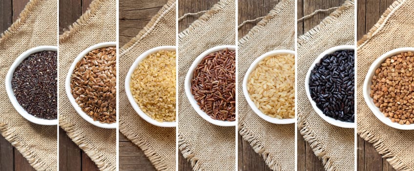 Collage of different cereals in bowls on the burlap