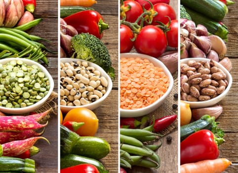 Collage of four legumes in bowls with fresh vegetables