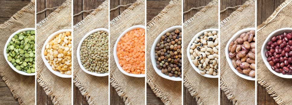 Collage of legumes in bowls on the burlap