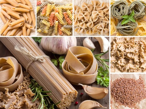 Collage of whole wheat italian pasta with garlic and herbs on wood