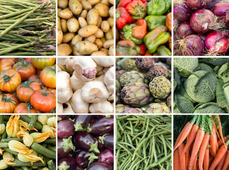 Collage of fresh vegetables: asparagus, potatoes, paprika, onion, tomatoes, garlic, artichokes, cabbage, zucchini, eggplant, green beans and carrots