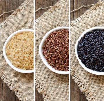 Collage of different rice in bowls on the burlap