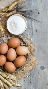 Chicken eggs, wheat and flour on the old wood