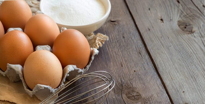 Chicken eggs, flour and whisk on the old wooden table
