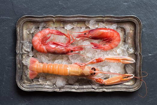 Raw langoustine and shrimps on ice on a silver tray