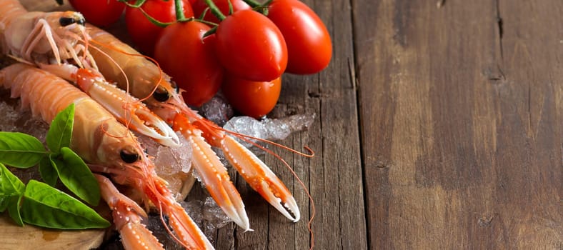Raw langoustine on ice with tomatoes and basil on wood