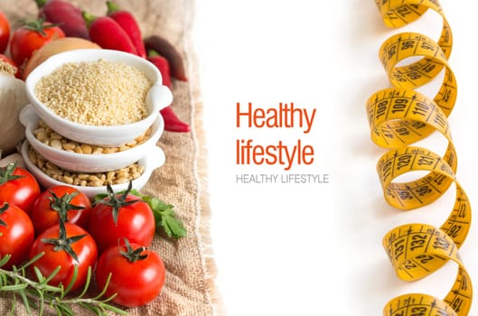 Millet, spelt, yellow peas and vegetables isolated on white.