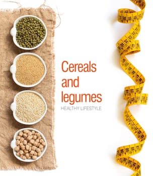 Raw Organic Amaranth and quinoa grains, chickpea and mung beans in small bowls