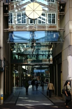 Bremen,Germany - August 30,2016: Pedestrians and visitors walk into the Katharinen Passage shopping center of the Katharinen Viertel on August 30,2016 in Bremen.