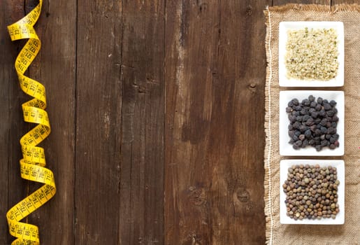 Legumes in bowls on a wooden table