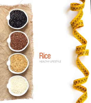 Variety of rice in bowls isolated on white