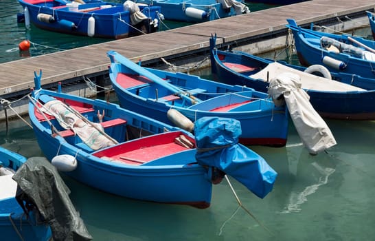 Blue and red fishing boats in harbour, south Italy