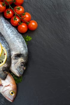 Fresh fish and tomatoes on a dark vintage background