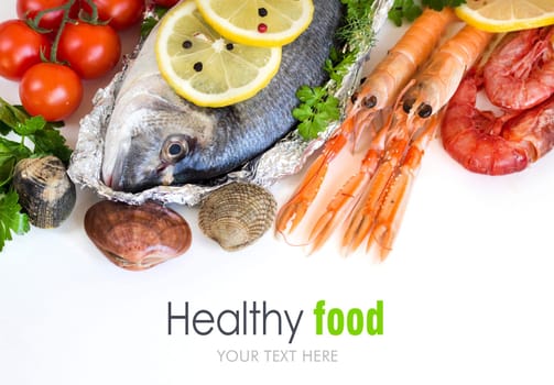 Fresh dorado fish and seafood on a white background