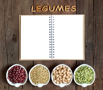 Variety or legumes, the word of Legumes and notebook