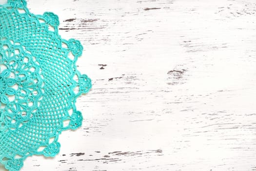 Mint Crochet doily border over shabby chic wood