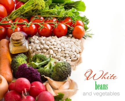 White beans with vegetables isolated on white border