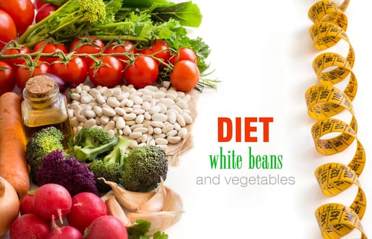 White beans with vegetables isolated on white border