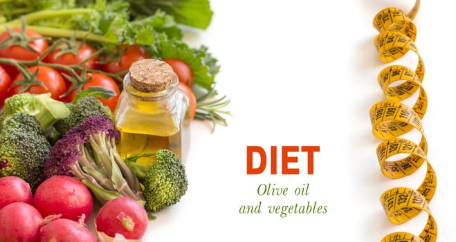 Vegetables and bottle of olive oil isolated on white border