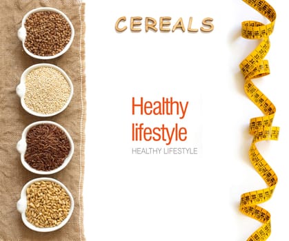 Cereals in bowls border with word Cereals isolated in white