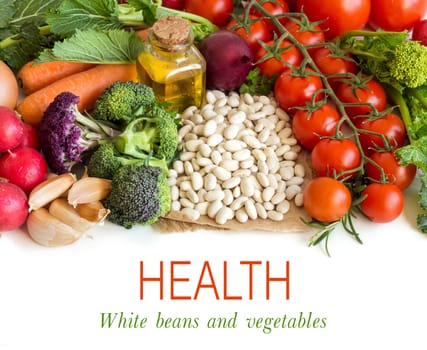 White beans with vegetables isolated on white border