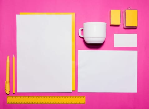 Mock-up business template with cards, papers, pen on pink background.