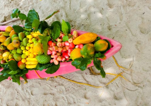 The exotic tropical fruits on the boat