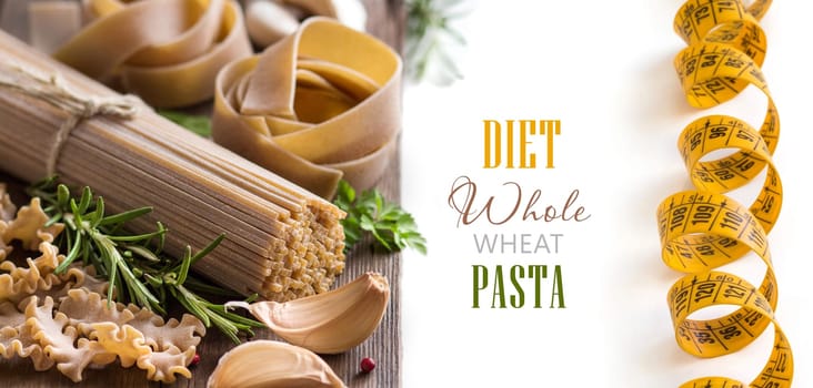 Whole wheat italian pasta, garlic, herbs and measuring tape