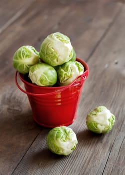 Brussels sprouts in a bucket on an old wooden table