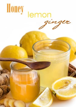 Honey, lemon and ginger tonic and ingridients close up
